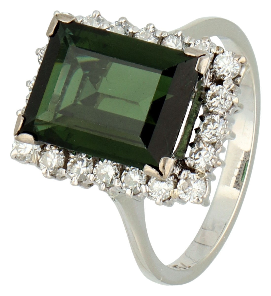 No reserve - 18K Witgouden entourage ring bezet met ca. 3.76 ct. groene toermalijn en ca. 0.40 ct. diamant.