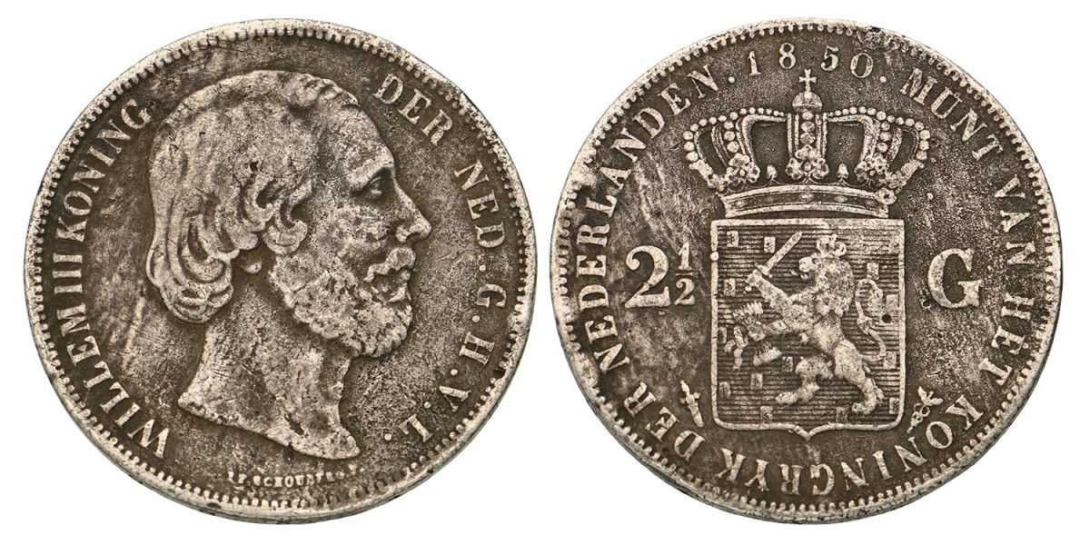 No reserve - 2½ Gulden. Willem III. 1850. Zeer Fraai.