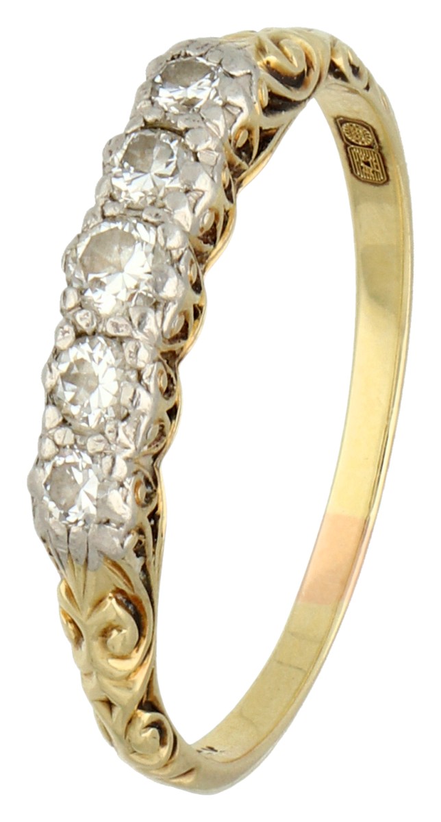 14K Geelgouden demi-alliance ring bezet met ca. 0.19 ct. diamant.