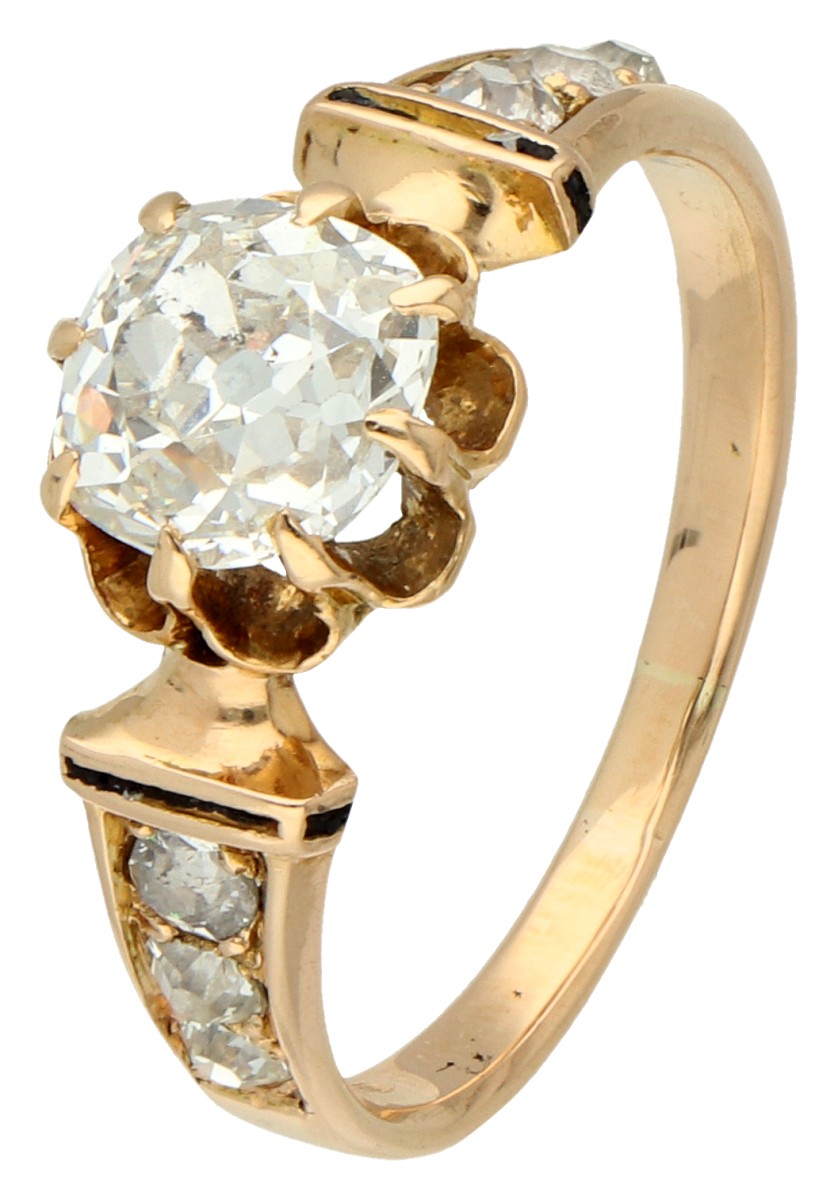 14K Geelgouden solitair ring met cushion geslepen diamant van ca. 1.34 ct. 