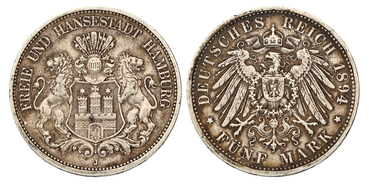 German states. Hamburg. 5 Mark. 1894 J.
