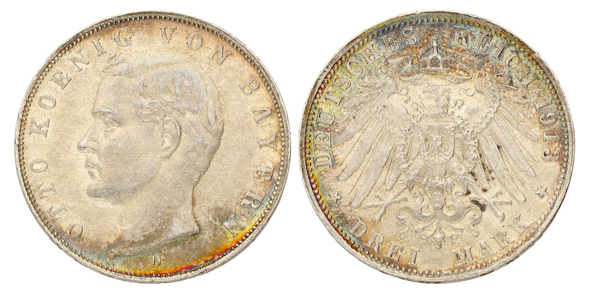 German states. Bavaria. Otto. 3 Mark. 1913 D.