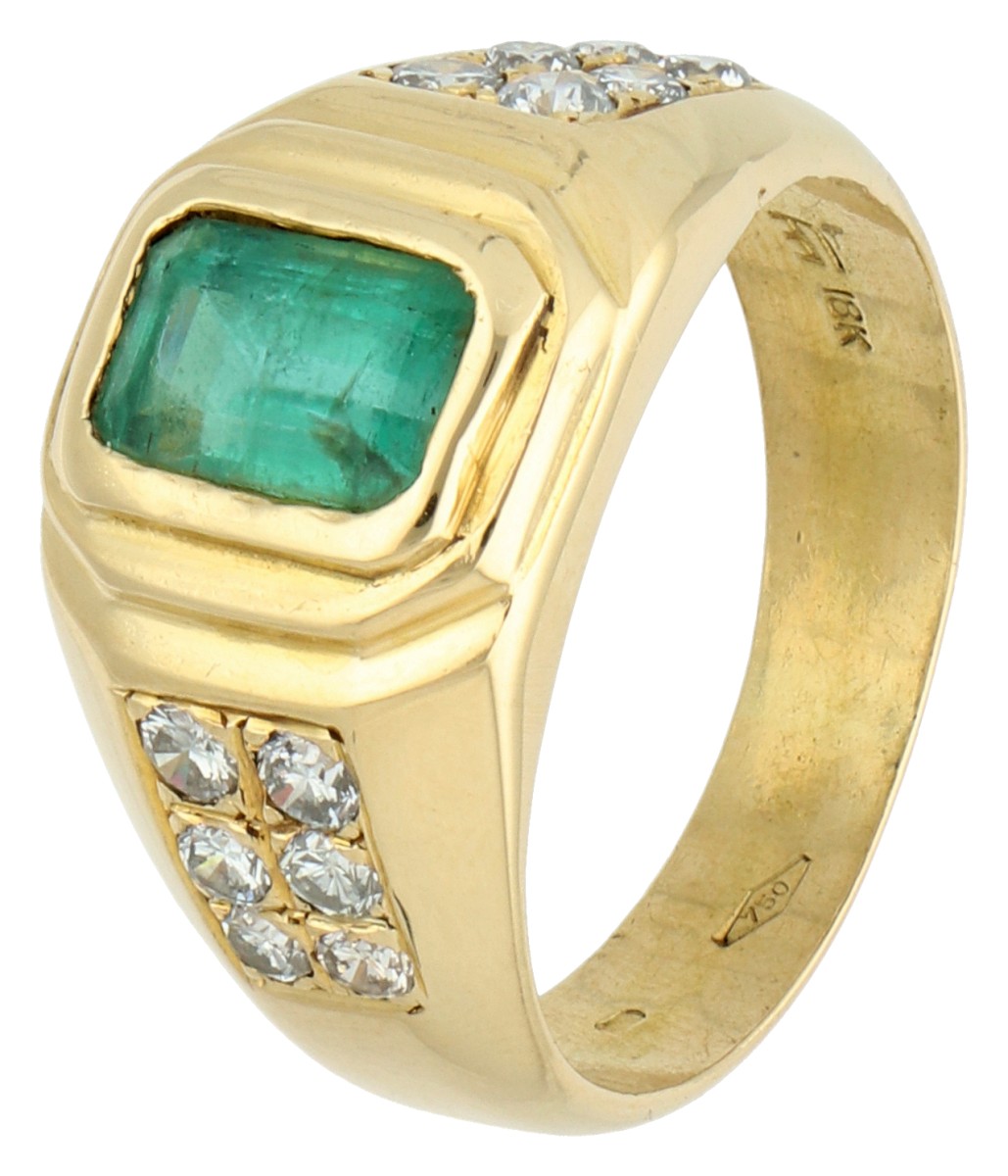 No reserve - 18K Geelgouden ring bezet met ca. 0.28 ct. diamant en ca. 1.13 ct. smaragd.