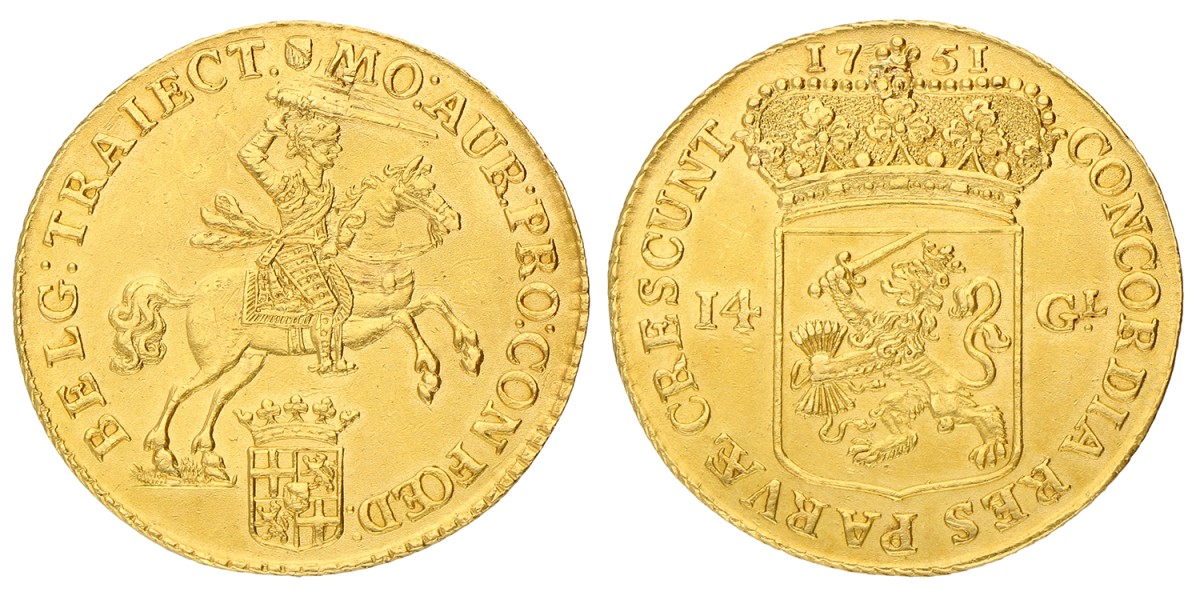 Gouden rijder van 14 gulden. Utrecht. 1751. Prachtig +.