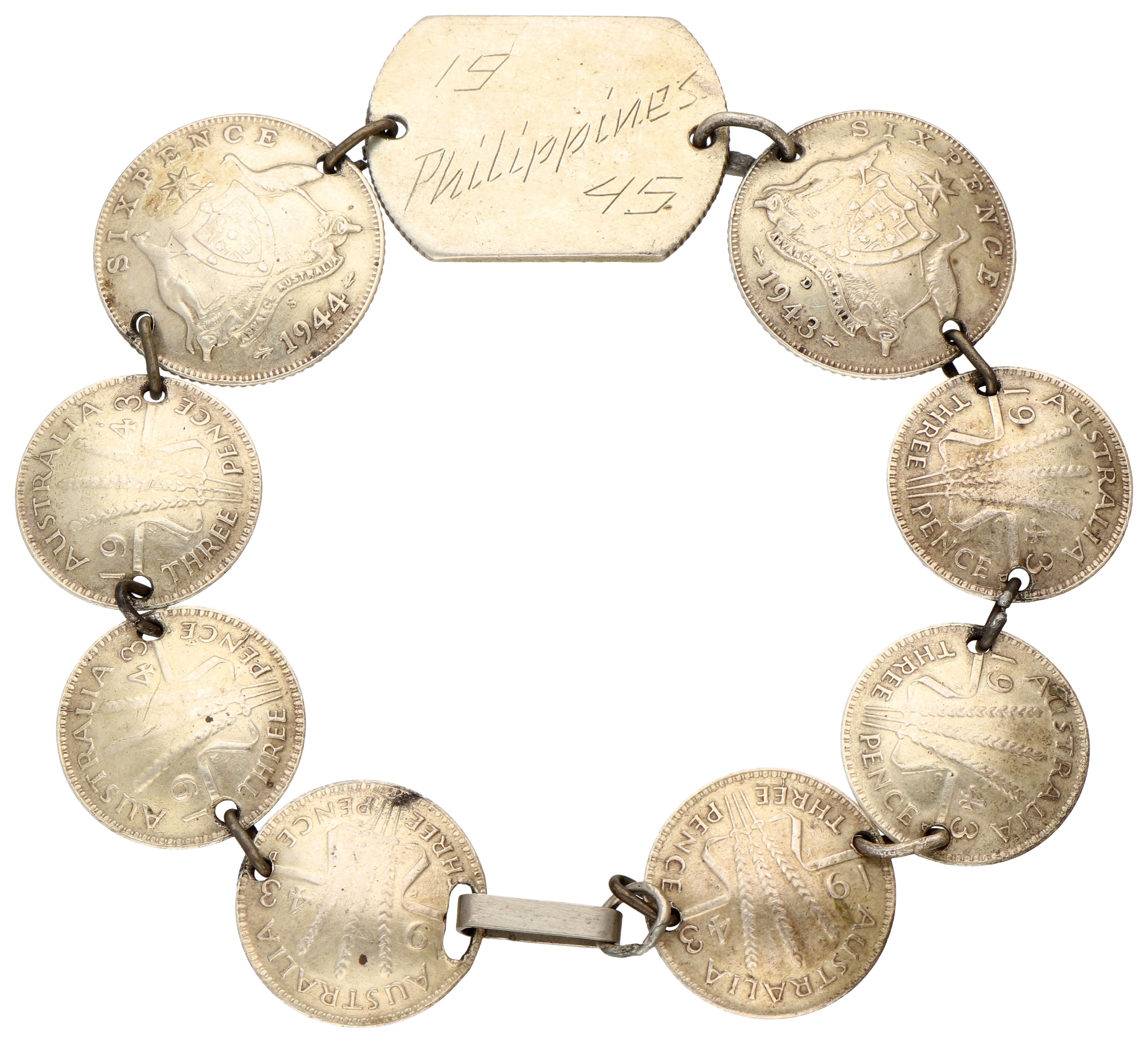 Phillipines. 1945. Coin bracelet of Australian coins - With 'Philippines 1945' inscribed.