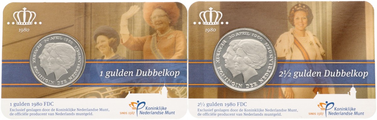 Nederland. Lot (2) 1 en 2 ½ Gulden Dubbelkop in Coincard. 1980.