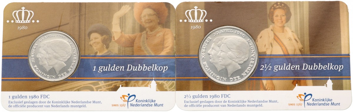 Nederland. Lot (2) 1 en 2 ½ Gulden Dubbelkop in Coincard. 1980.