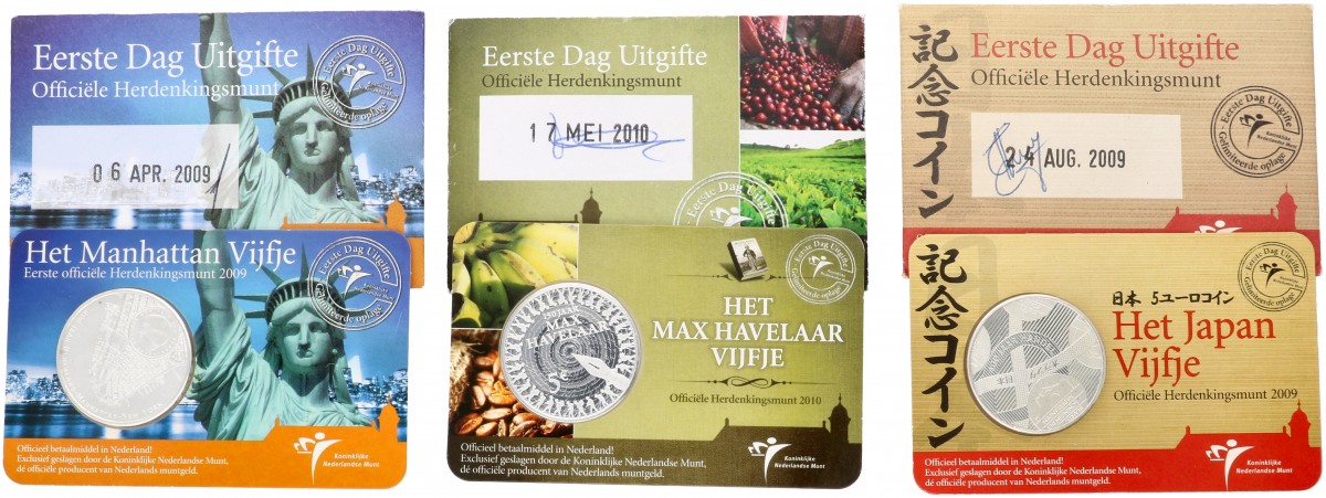 Nederland. Lot (3) 5 Euro in Coincard Eerste Dag Uitgifte. 2009 en 2010.