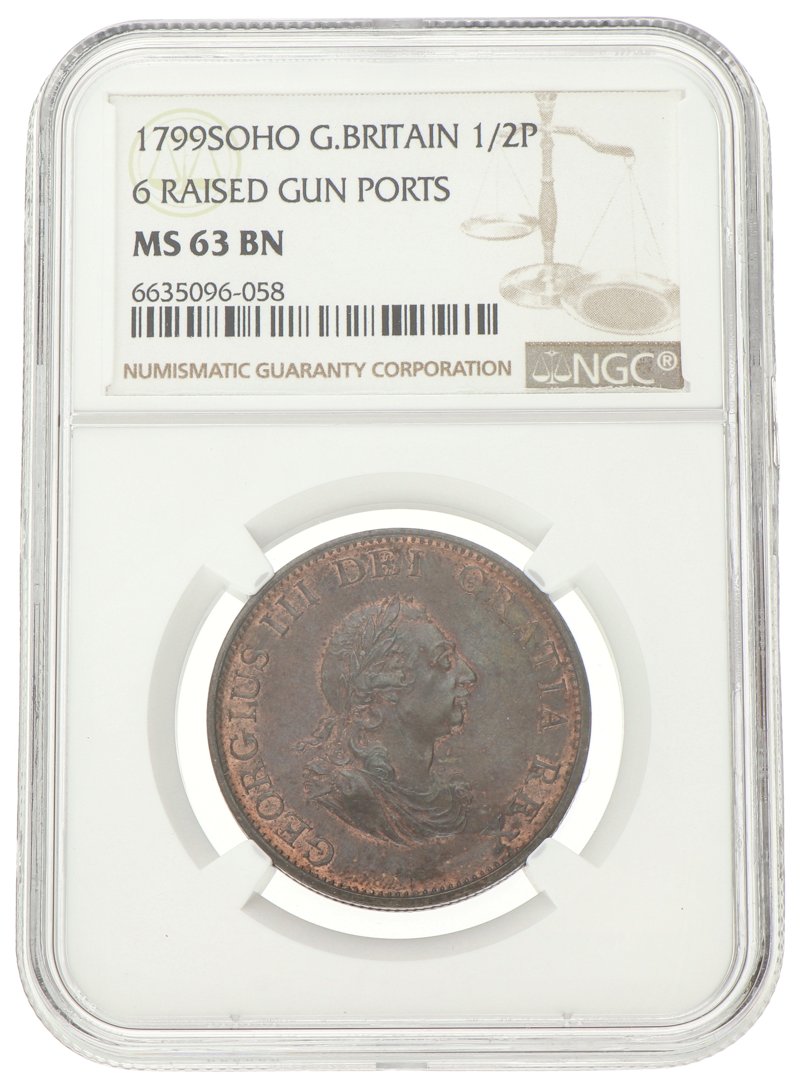 Great Britain. George III. ½ Penny - 6 raised gun ports. 1799 SOHO.