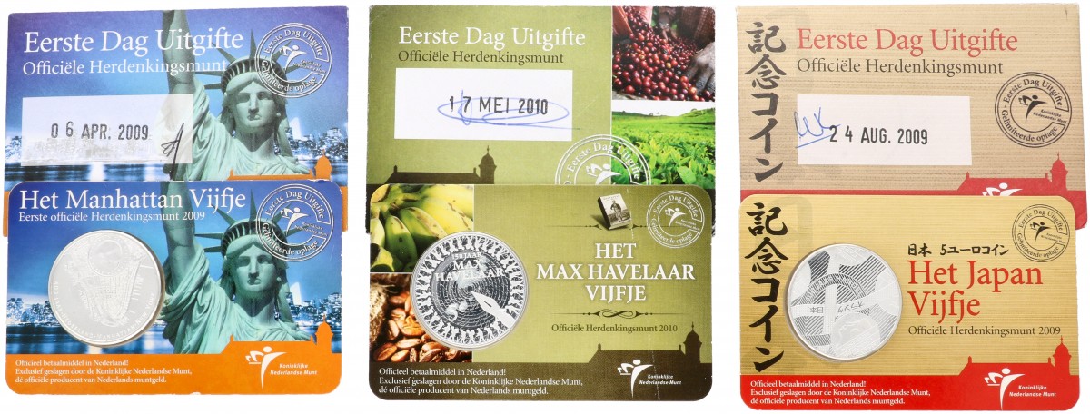 Nederland. Lot (3) 5 Euro in Coincard Eerste Dag Uitgifte. 2009 en 2010.