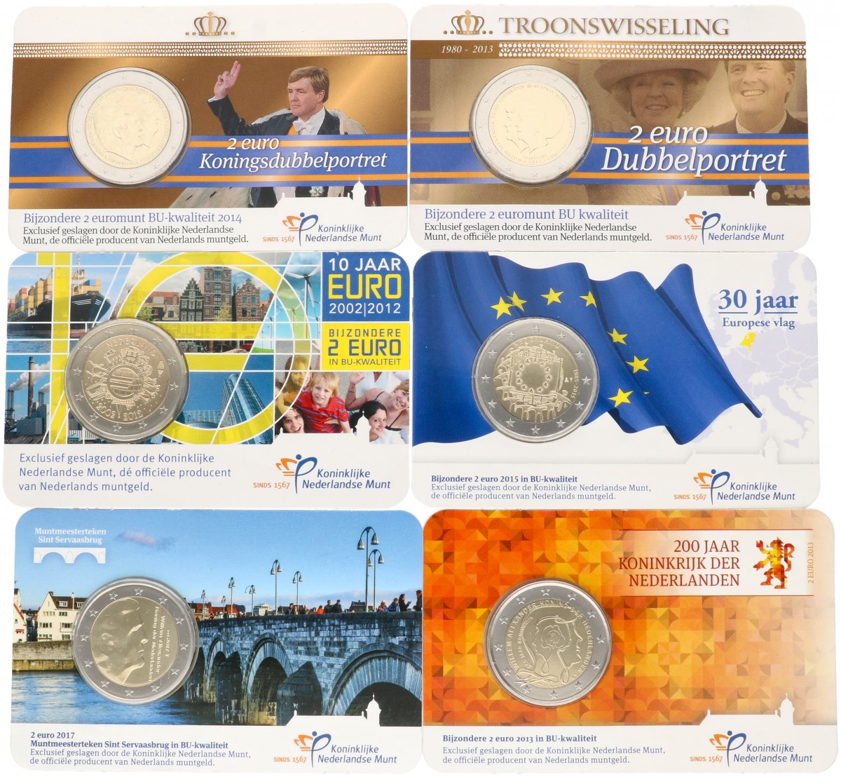 Nederland. Lot (6) 2 Euro in Coincard. 2012, 2013, 2014, 2015 en 2017.