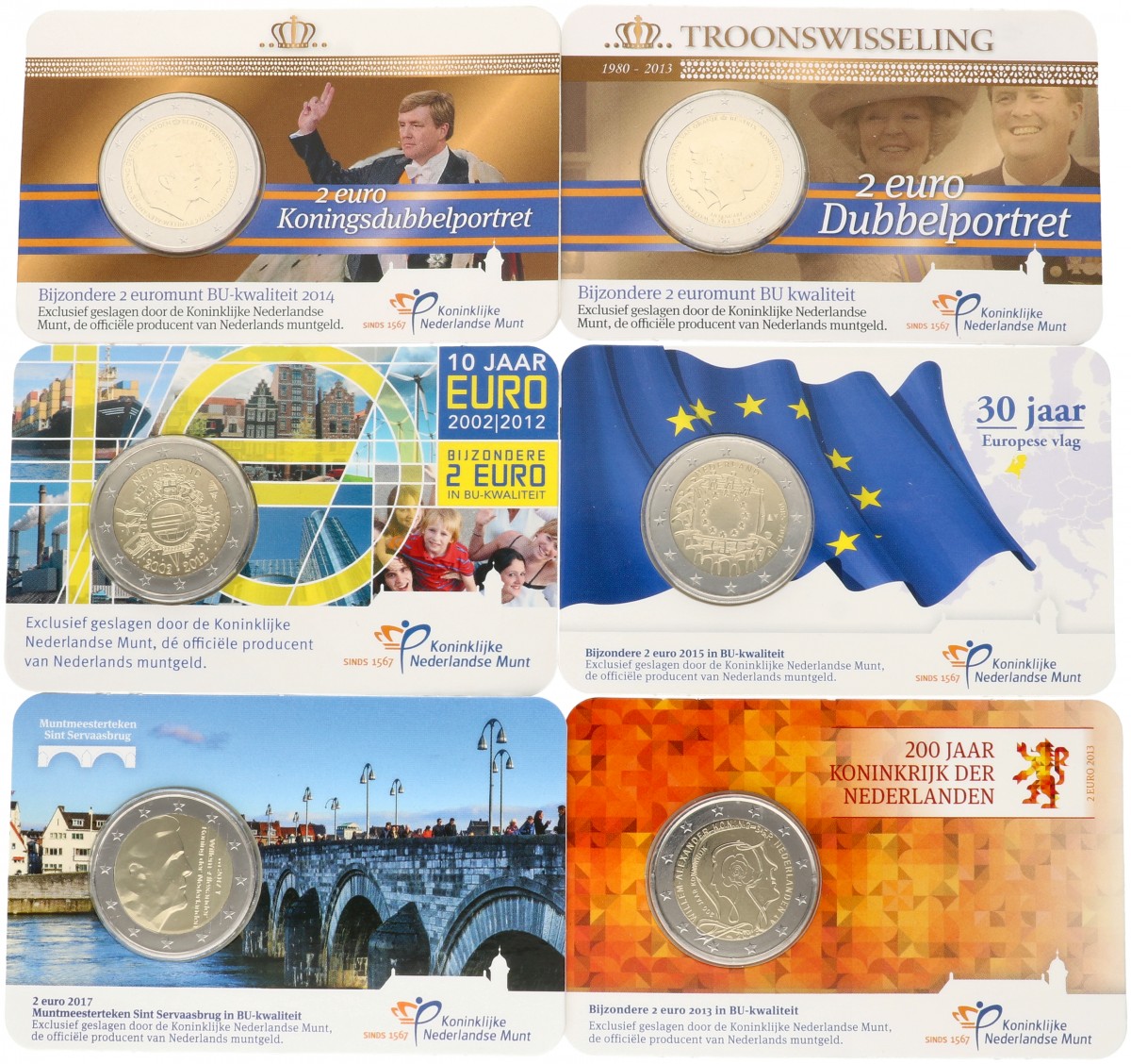 Nederland. Lot (6). 2 Euro in Coincard. 2012, 2013, 2014, 2015 en 2017.