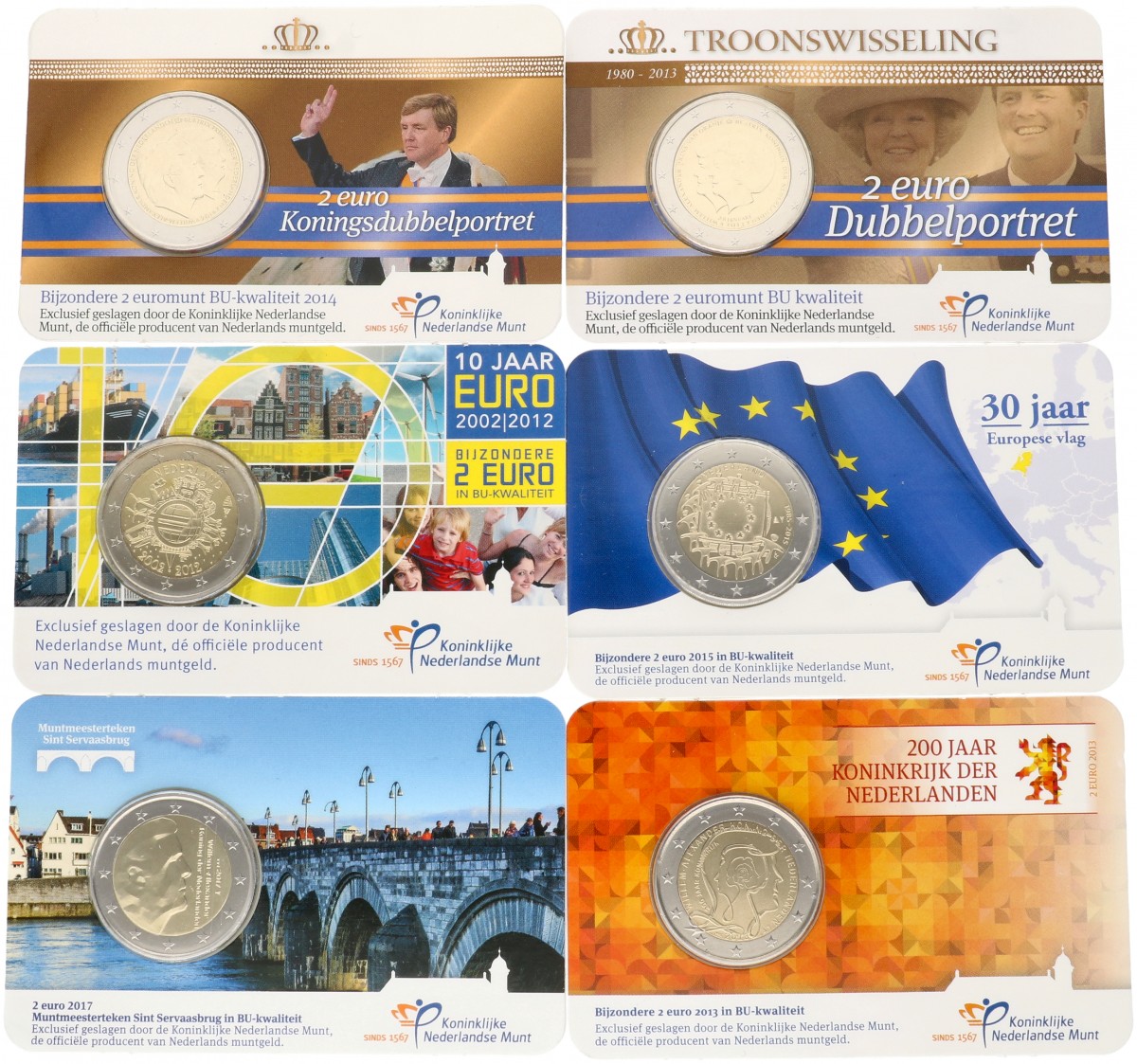 Nederland. Lot (6). 2 Euro in Coincard. 2012, 2013, 2014, 2015 en 2017.