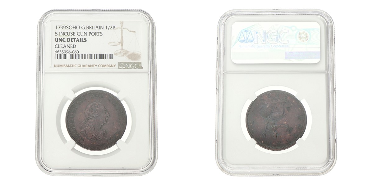 Great Britain. George III. ½ Penny - Incuse gun ports. 1799 SOHO.