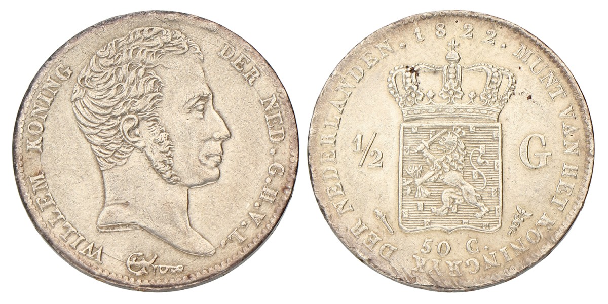 ½ Gulden. Willem I. 1822 U. Prachtig +.