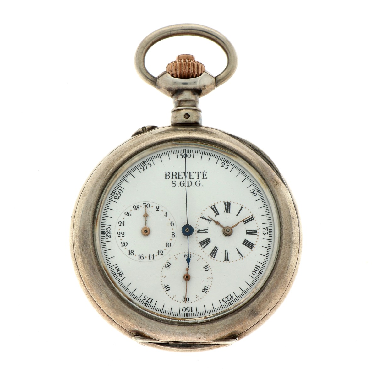 Breveté SGDG - zilveren kast - Heren zakhorloge met stopwatch functie.