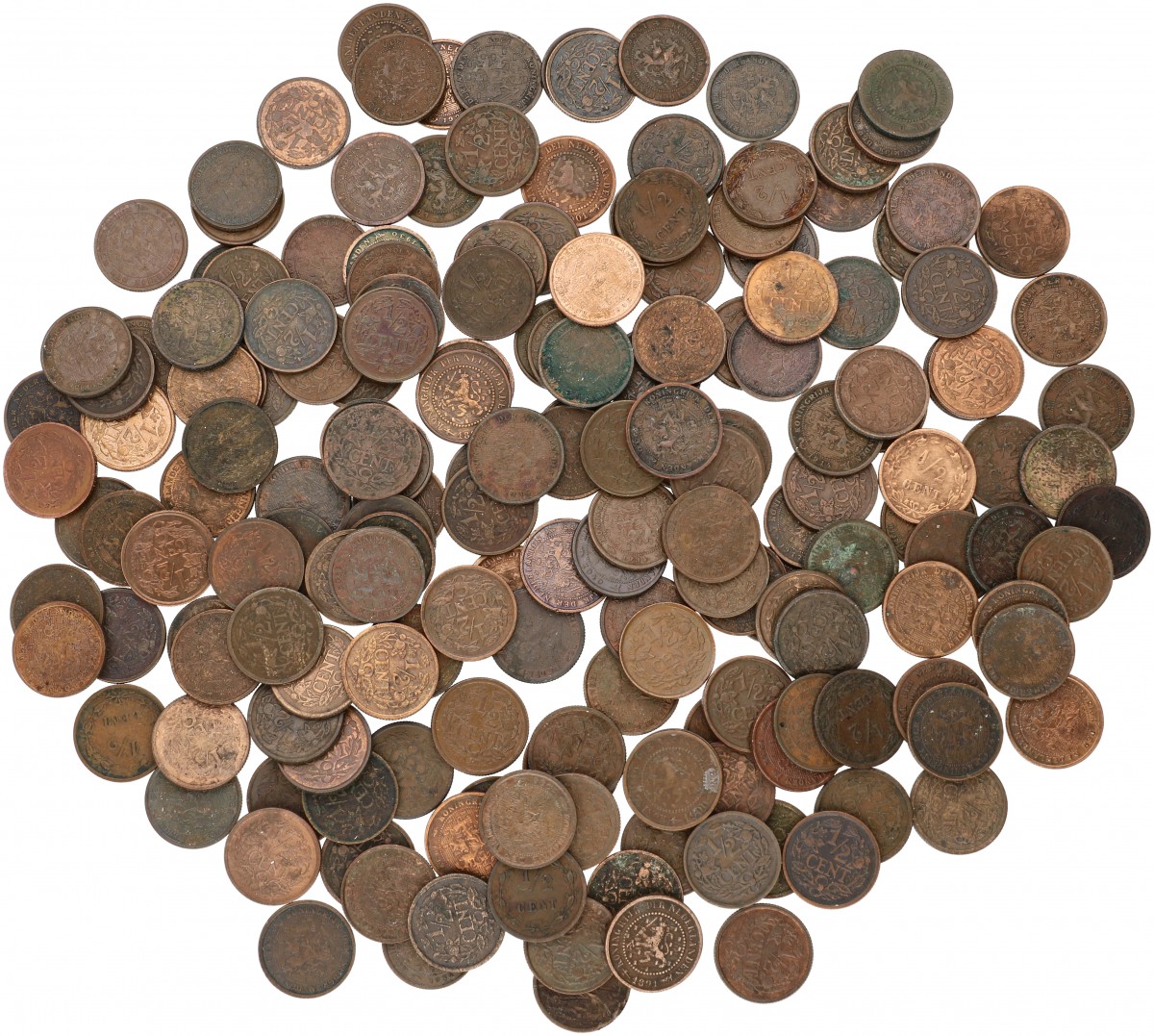 Lot (200) ½ Cent Willem III tot Wilhelmina diverse jaren. Gemiddeld Zeer fraai.