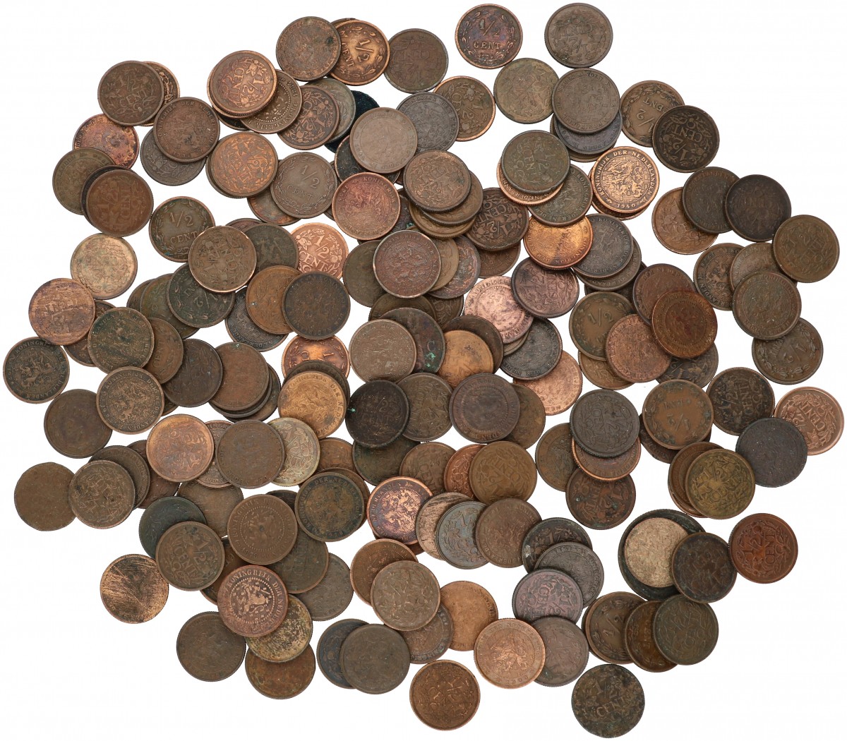 Lot (200) ½ Cent Willem III tot Wilhelmina diverse jaren. Gemiddeld Zeer fraai.