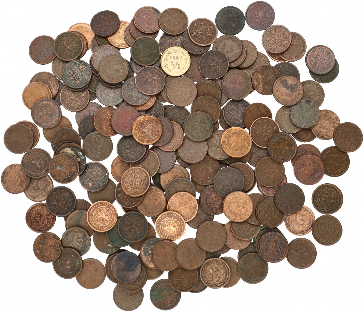 Lot (200) ½ Cent Willem III tot Wilhelmina diverse jaren. Gemiddeld Zeer fraai.