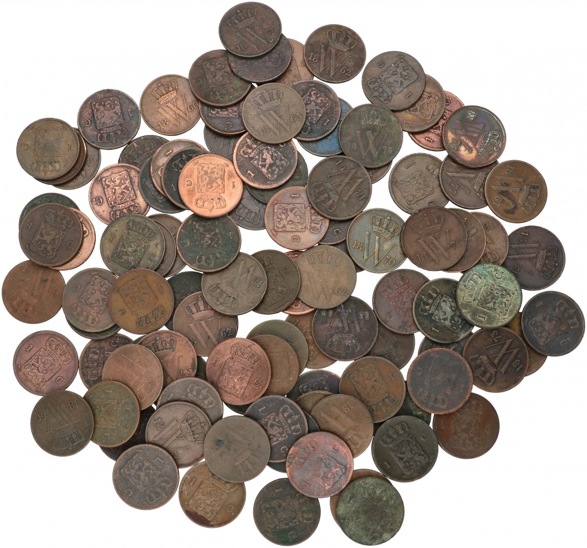 Lot (100) 1 Cent Willem III diverse jaren. Gemiddeld Zeer fraai.