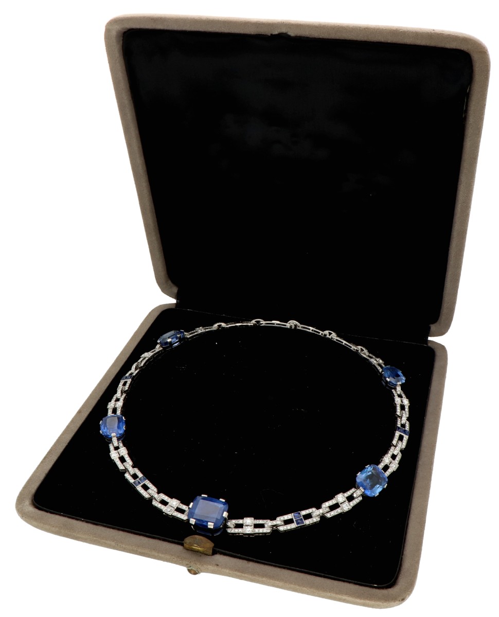IGI certified platinum necklace with 75.00 ct. natural sapphires and 7.40 ct. diamond.