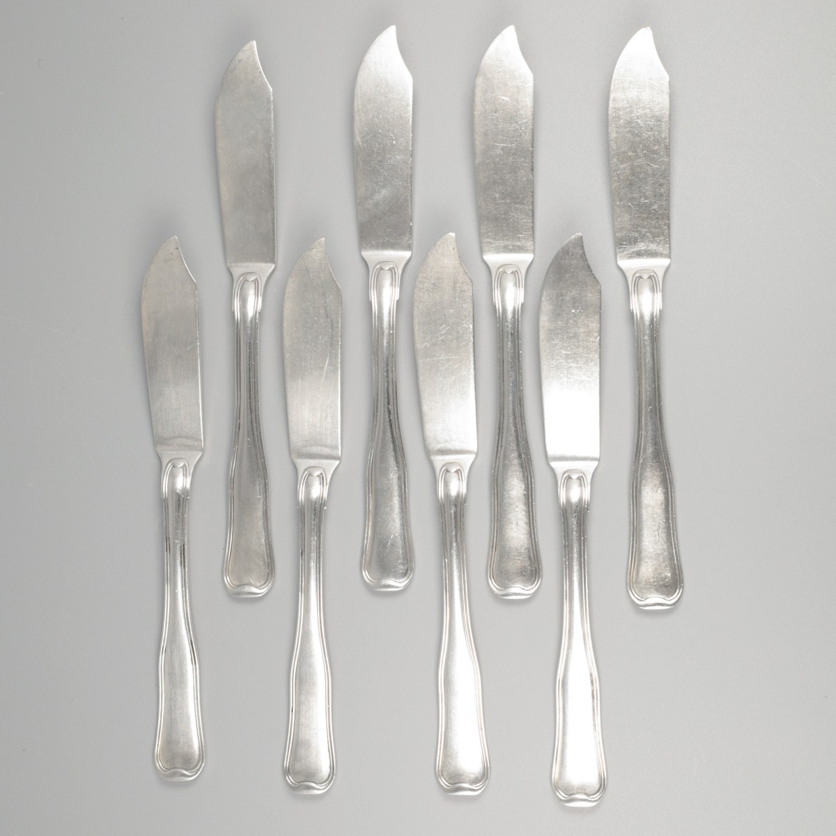 Georg Jensen 8-delige set vismessen, model Old Danish, zilver.