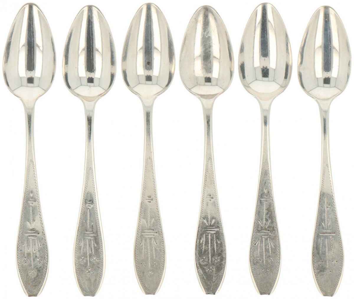 (6) delige set koffielepels zilver.