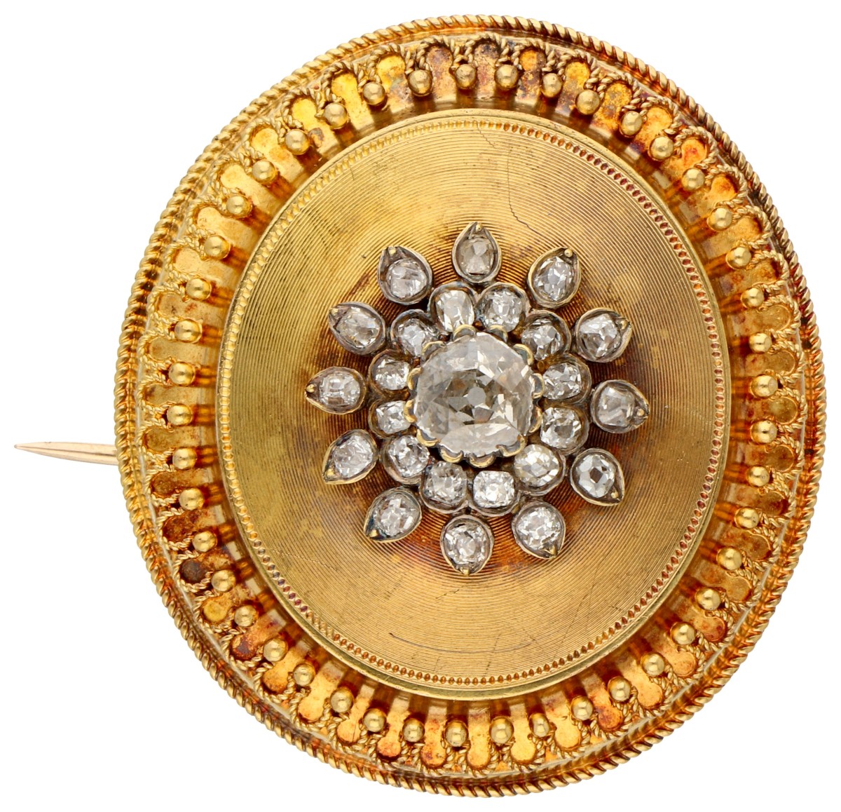 14K Geelgouden antieke broche met cantillewerk bezet met ca. 2.00 ct. oud geslepen diamanten.