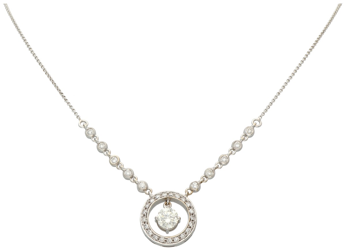 18K Witgouden collier met centrale diamant van ca. 0.65 ct. 