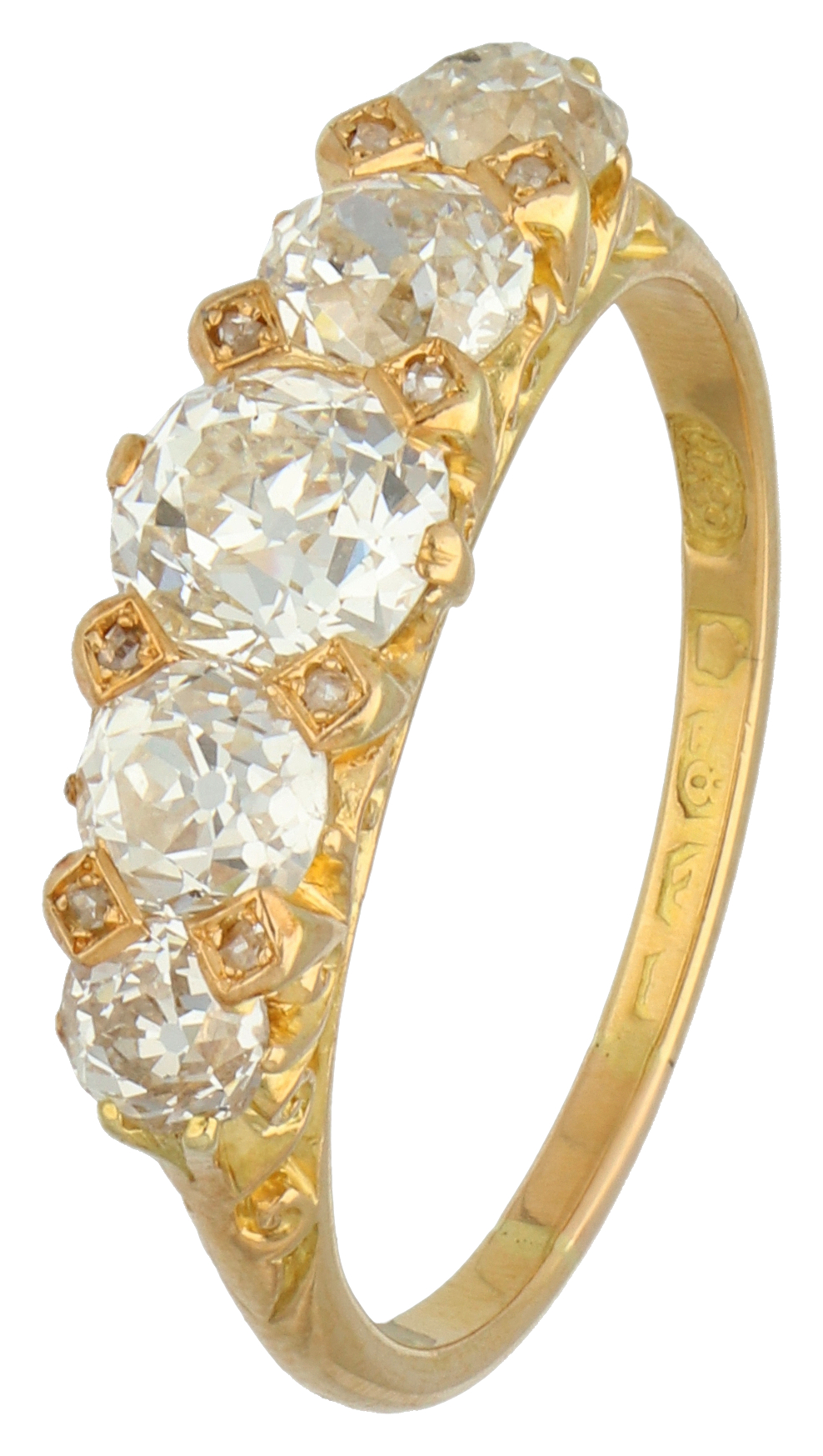 Kavel #786 - 18K Geelgouden Vijf-steens Ring Bezet Met Ca. 2.10 Ct ...