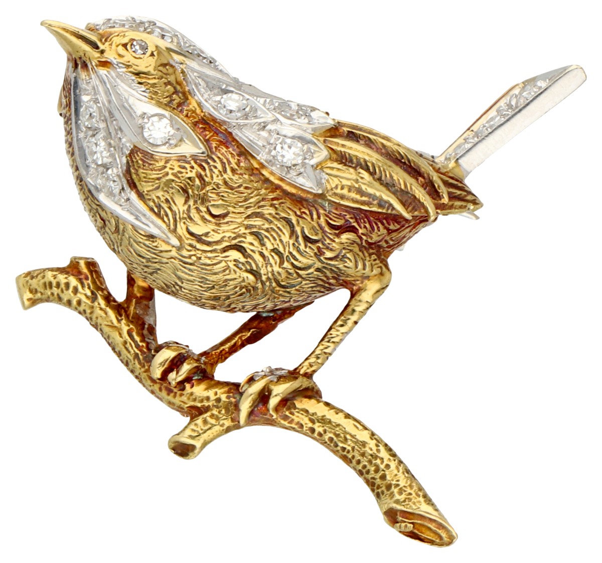 No reserve - 18K Bicolour gouden vintage broche van een vogel op een tak.