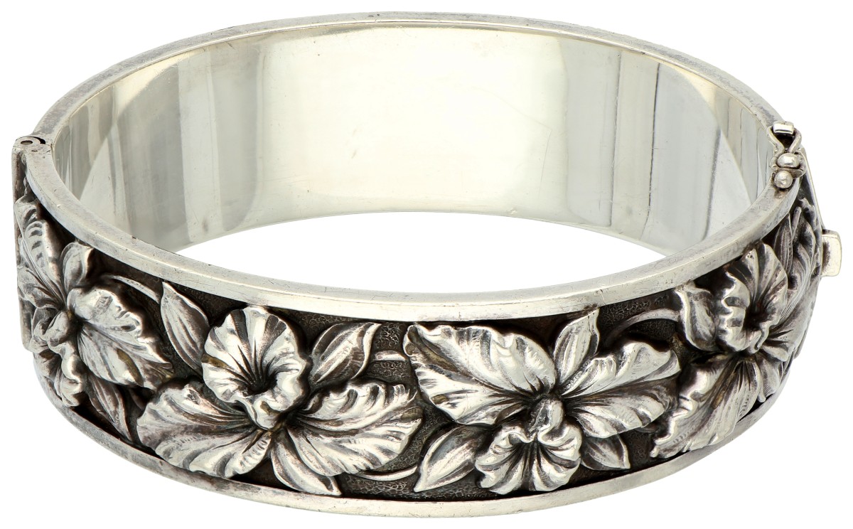 No reserve - 935 Zilveren vintage bangle armband met floraal motief.