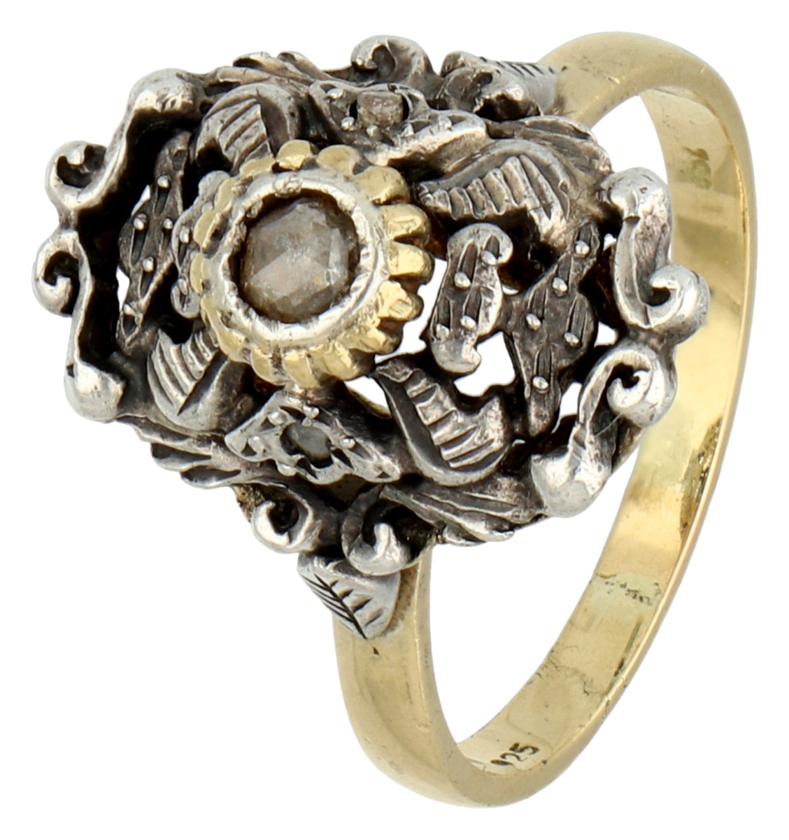 No Reserve - 18K Geelgouden / zilveren vintage ring met diamant.