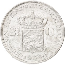 No reserve - 2½ Gulden. Wilhelmina Grof haar. 1938 B. AU Details.