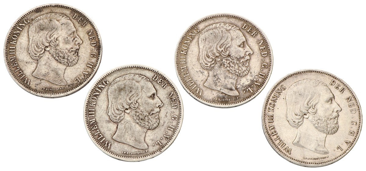 No reserve - Lot (4) 2½ Gulden. Willem III. 1850 - 51 - 54 - 70. VF - XF.