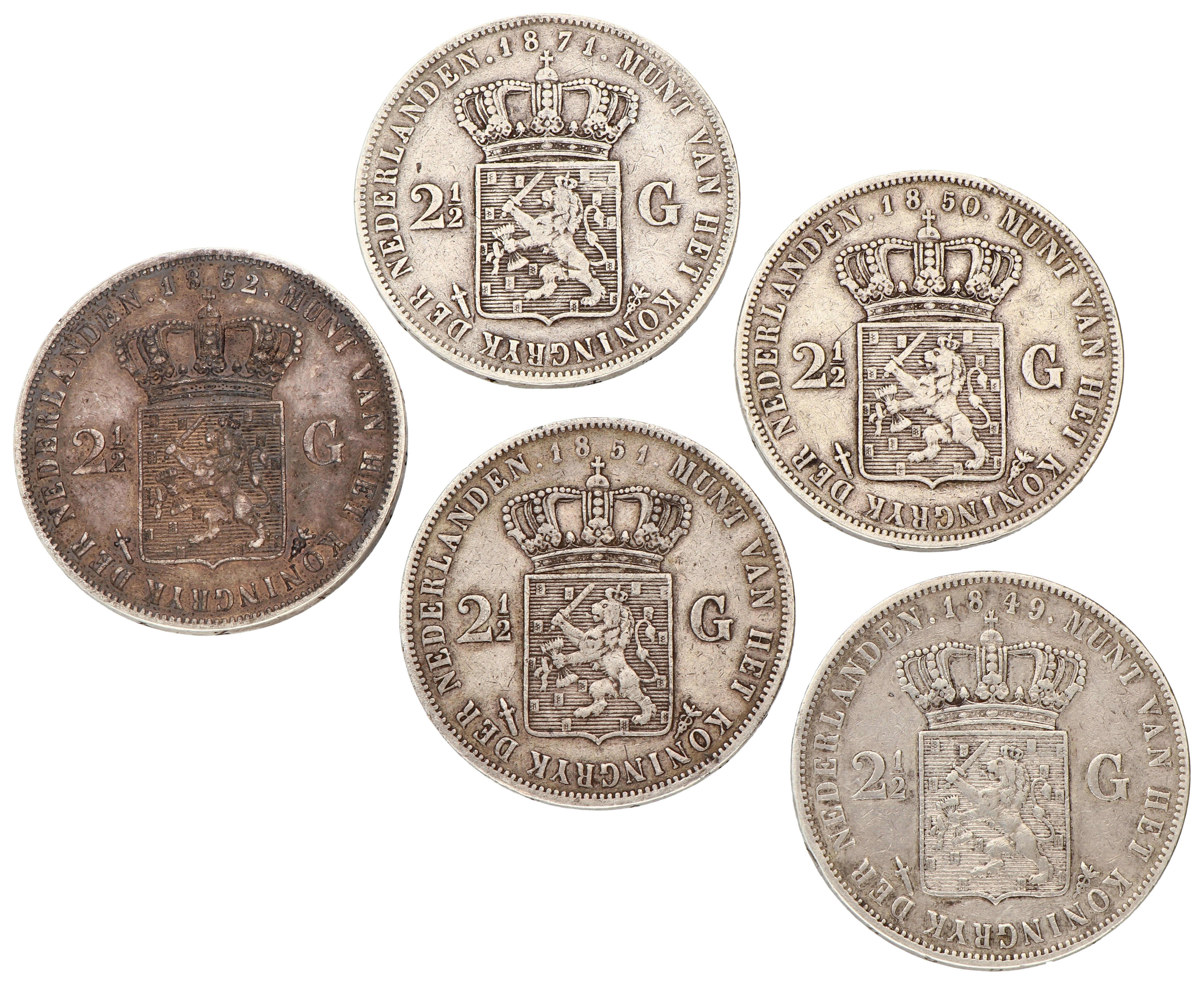 No reserve - Lot (5) 2½ Gulden. Willem III. 1849 - 50 - 51 - 52 - 71. Zeer Fraai +.