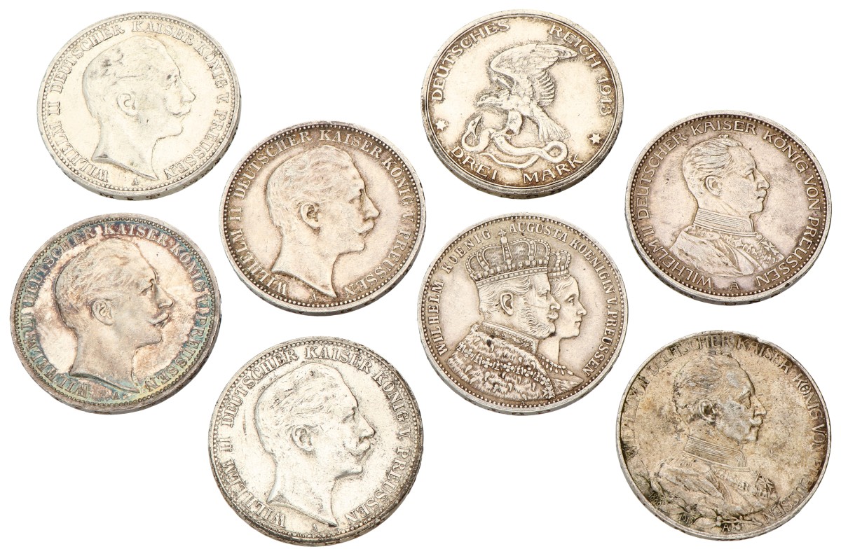 No reserve - German states. Prussia. Wilhelm I - II. Lot (8) 3 Mark & 1 Thaler (ex mounted). 1861, 1909 - 1914.