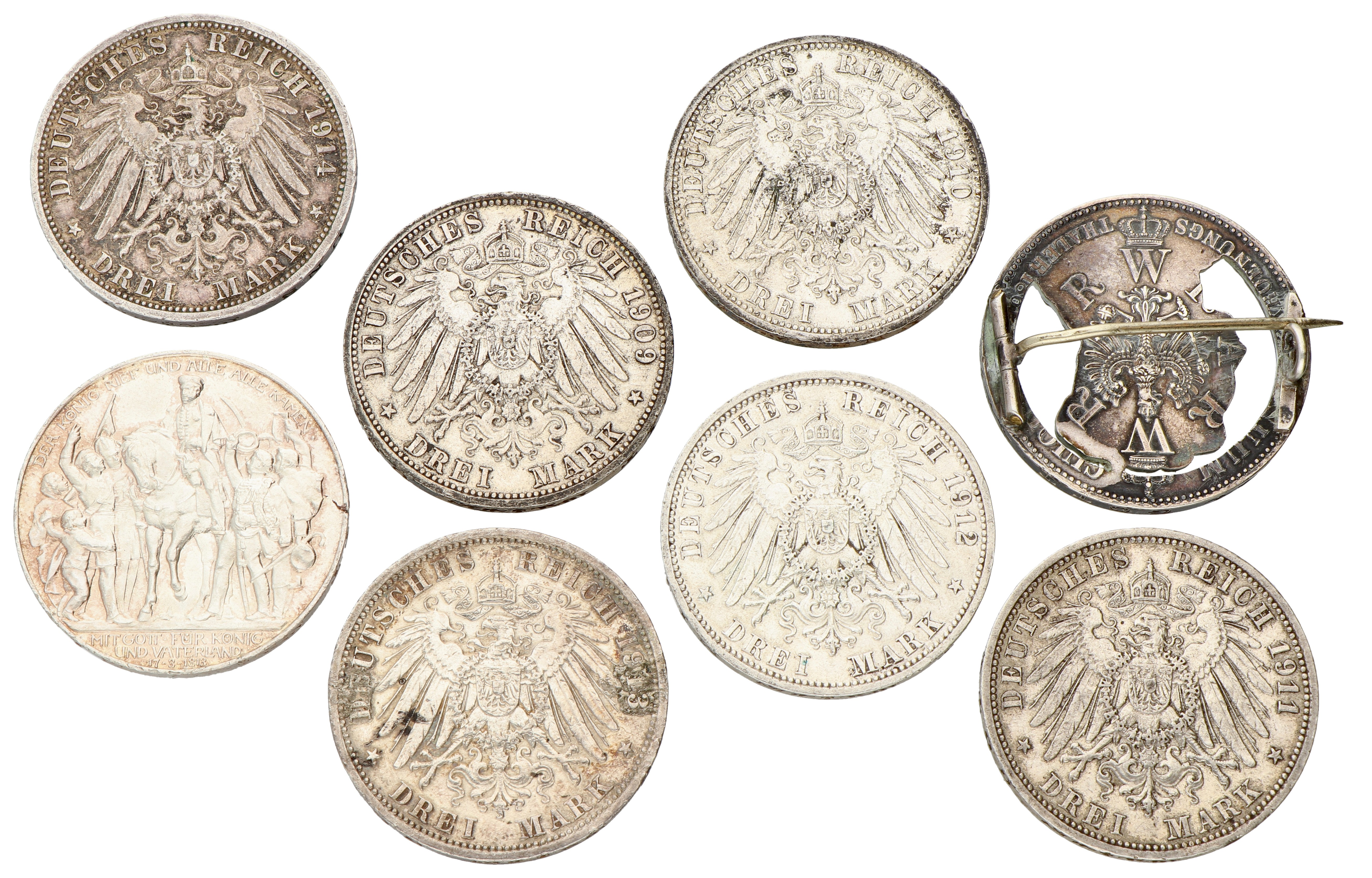 No reserve - German states. Prussia. Wilhelm I - II. Lot (8) 3 Mark & Thaler (Made into a Broche). 1861, 1909 - 1914.