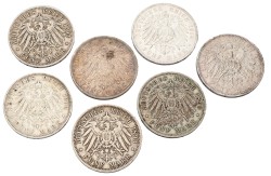 No reserve - German states. Prussia. Wilhelm II. Lot (7) 5 Mark. 1893, 1898, 1903, 1904, 1908 & 1914.