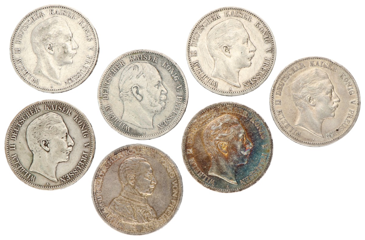 No reserve - German states. Prussia. Wilhelm II. Lot (7) 5 Mark. 1874, 1898, 1900, 1903, 1904, 1907 & 1913.