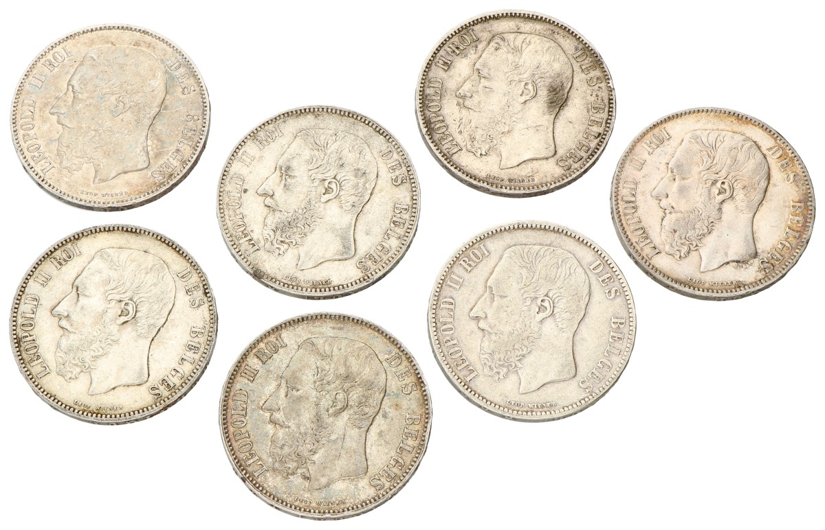 No reserve - Belgium. Leopold II. Lot (7) 5 Francs. 1867 - 1870, 1873, 1875, 1876.