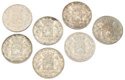 No reserve - Belgium. Leopold II. Lot (7) 5 Francs. 1867 - 1870, 1873, 1875, 1876.