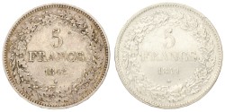 No reserve - Belgium. Leopold I. Lot (2) 5 Francs. 1848 & 1849. VF - XF.