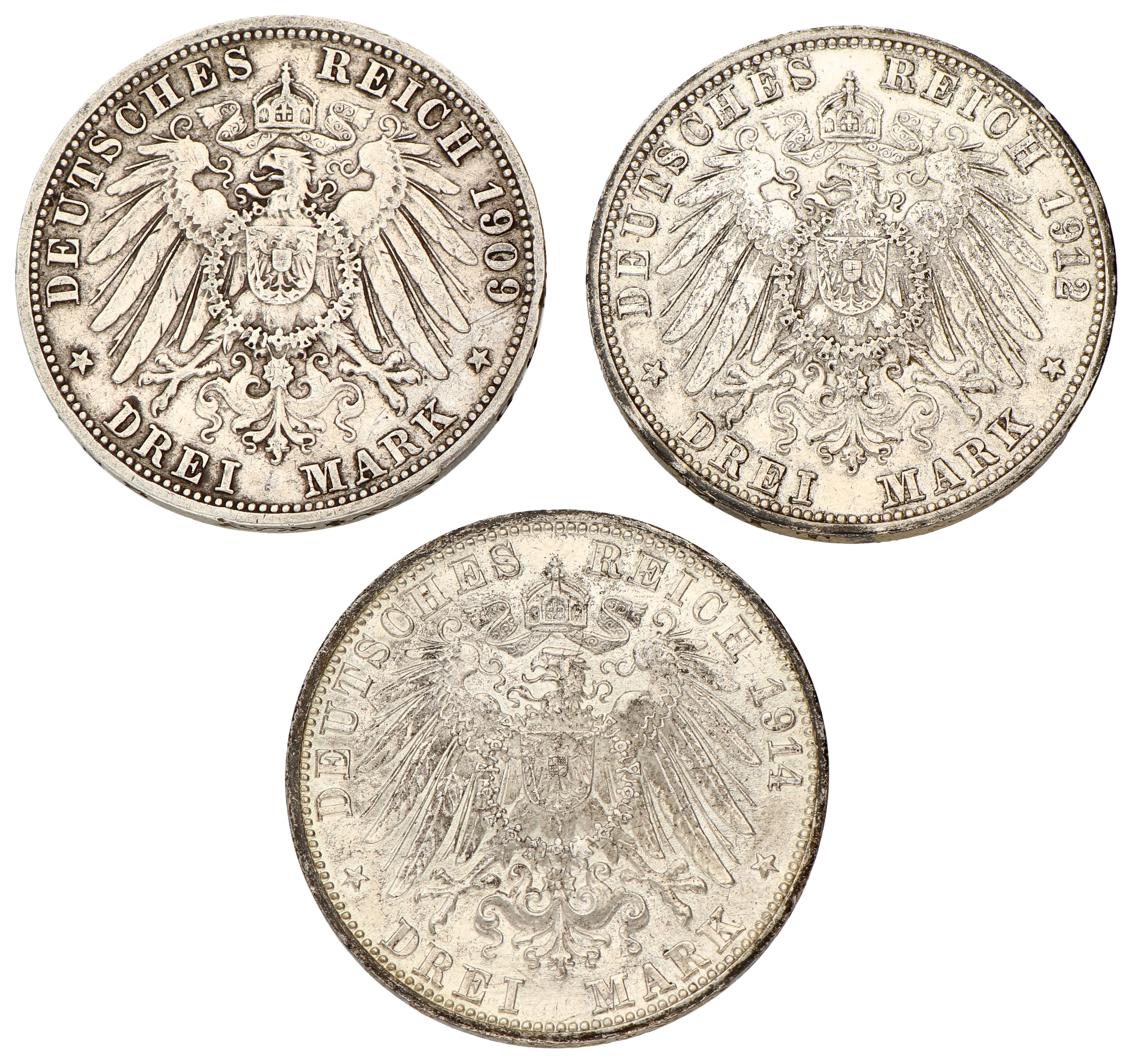 No reserve - German states. Baden. Friedrich II. Lot (3) 3 Mark. 1909, 1912 & 1914.