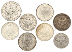 No reserve - German states. Bavaria. Otto. Lot (8) 2, 3 & 5 Mark. 1904, 1907, 1909, 1910, 1912 & 1913.