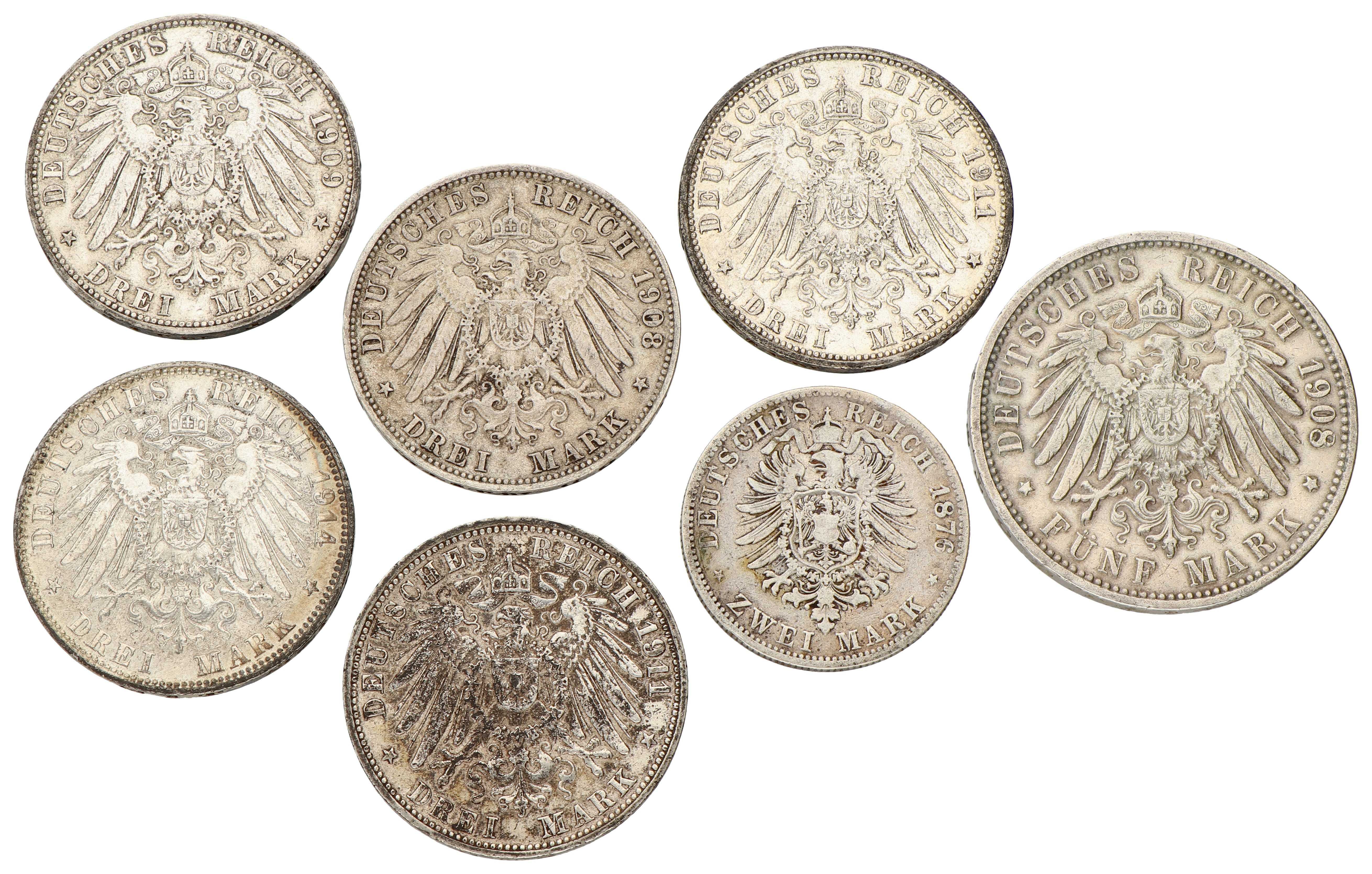 No reserve - German states. Hamburg. Lot (7) 2, 3 & 5 Mark. 1876, 1908, 1909, 1911 & 1914.