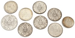 No reserve - German states. Württemberg. Wilhelm II. Lot (9) 2, 3 & 5 Mark. 1899, 1908, 1909, 1912 & 1914.