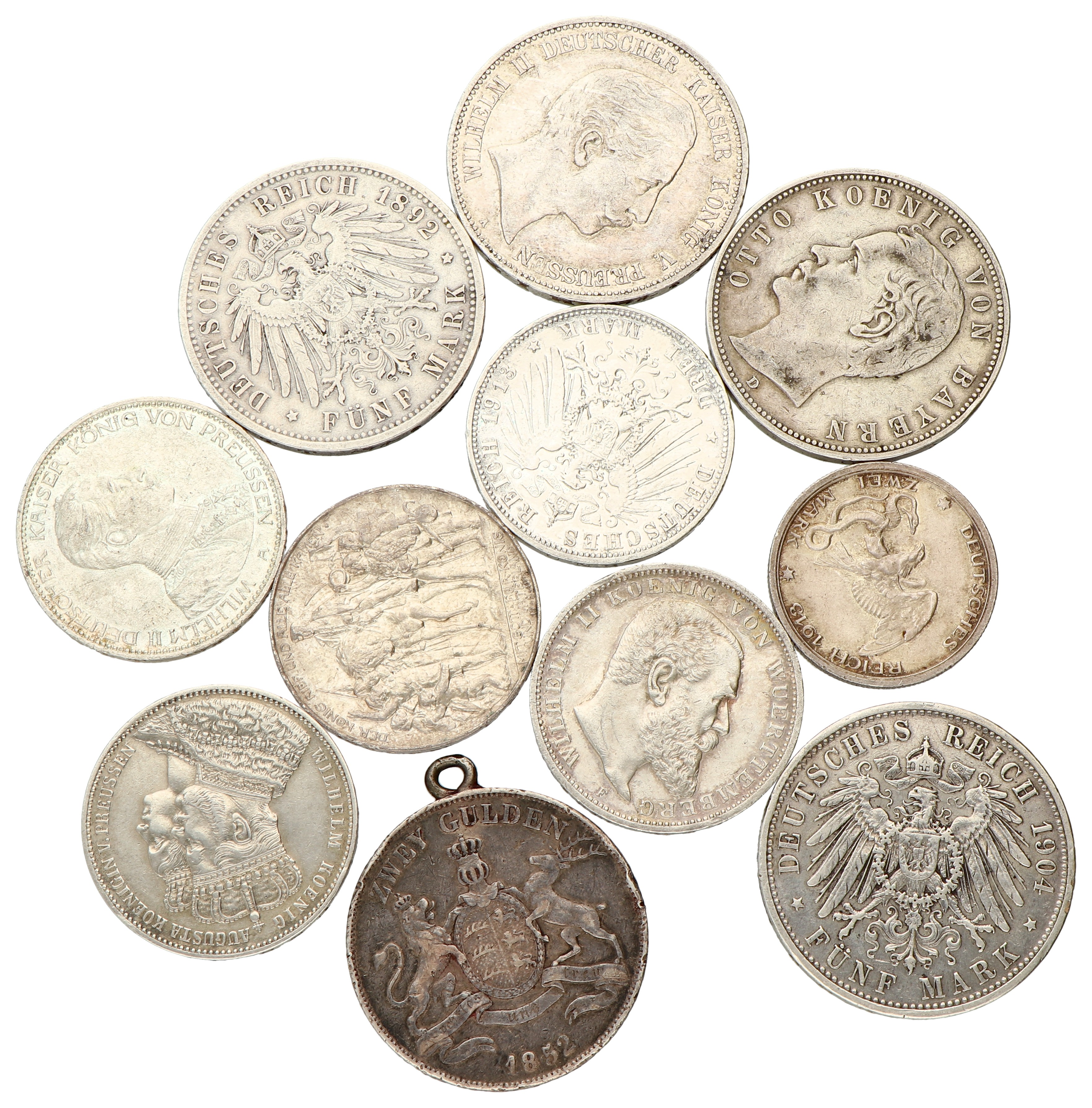 No reserve - German states. Bavaria, Prussia & Württemberg. Lot (11) Silver Thalers & Marks. 19th - 20th century.