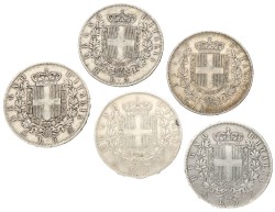 No reserve - Italy. Kingdom. Vittorio Emanuele II. Lot (5) 5 Lire. 1869, 1874 - 1877.