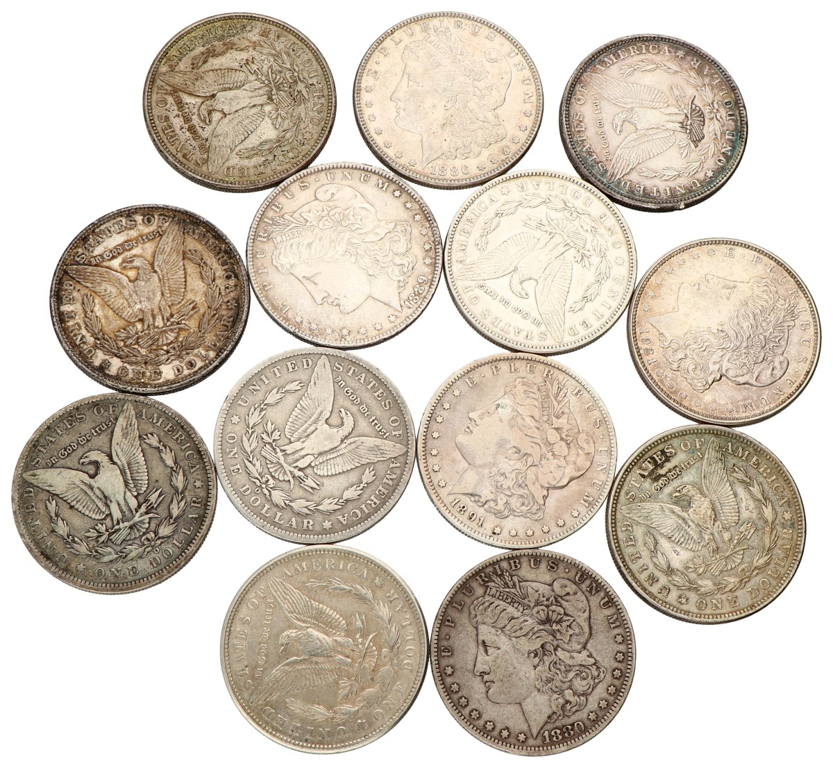 No reserve - USA. Philadelphia, Denver, New Orleans San Francisco. Lot (13) Morgan Dollar. 1879-80-86-89-90-91. 1921.